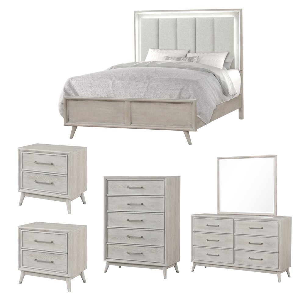 Seluna 5-Piece Bedroom Set with Touch LED Lighting, Gray Oak Finish, Queen