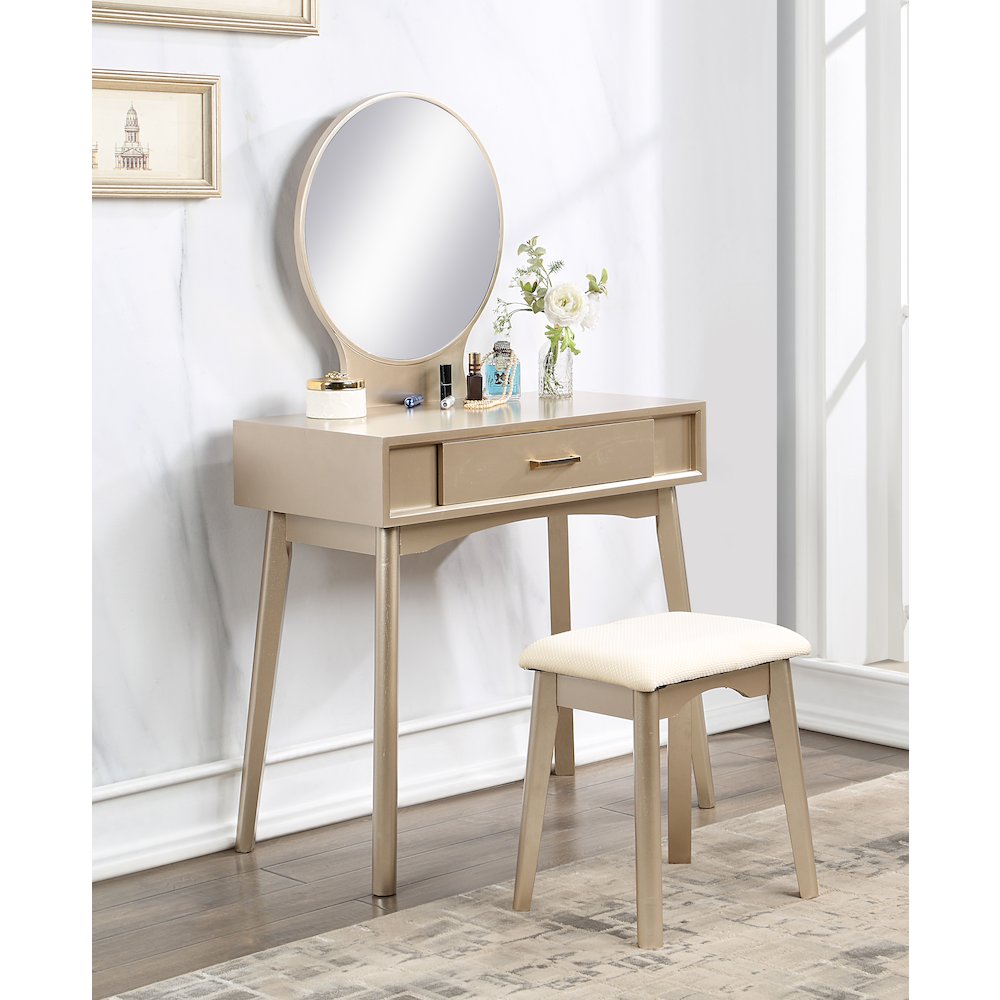Maly Contemporary Wood Vanity and Stool Set, Gold