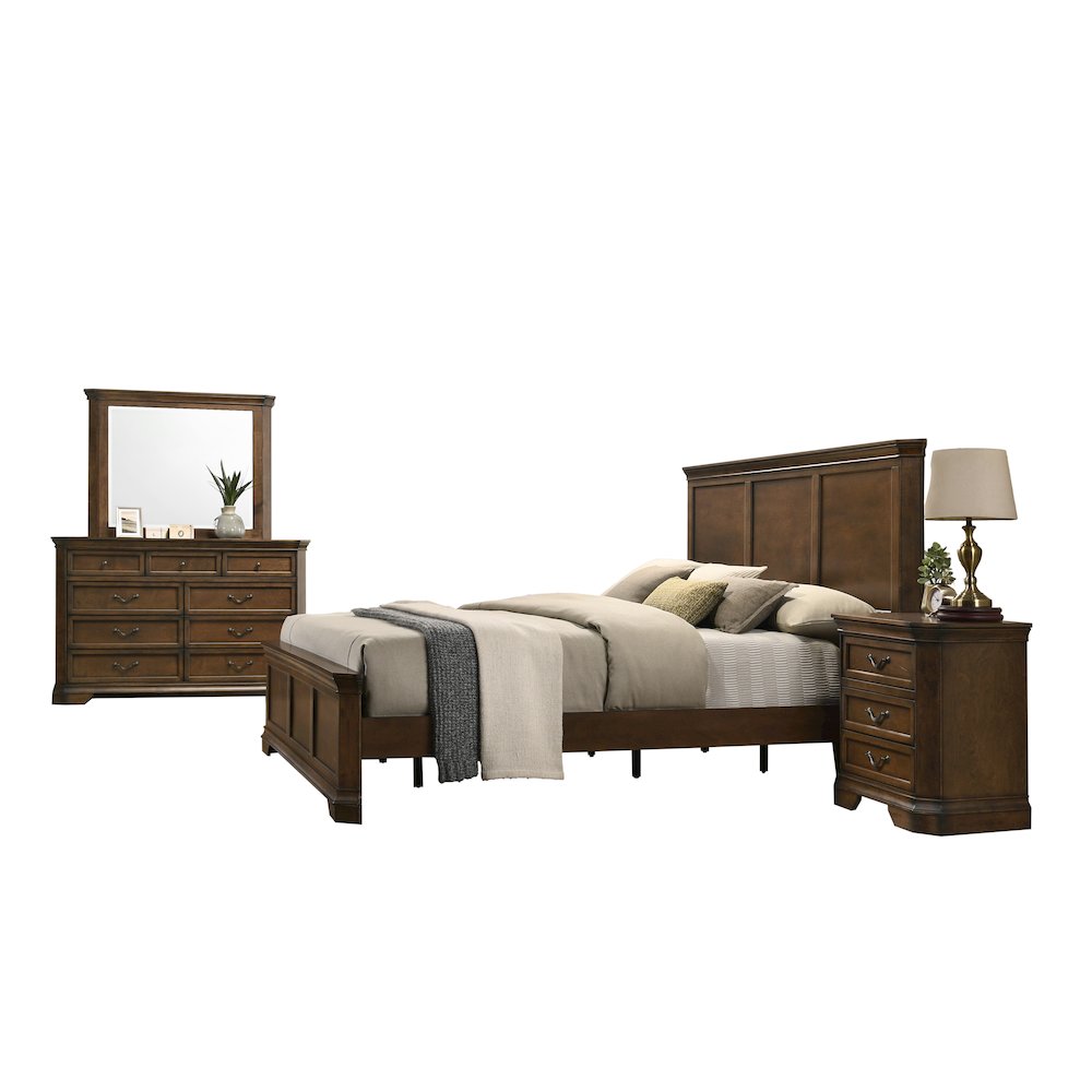 Wood Panel Bed, Dresser, Mirror, Nightstand, King, Antique Walnut Finish