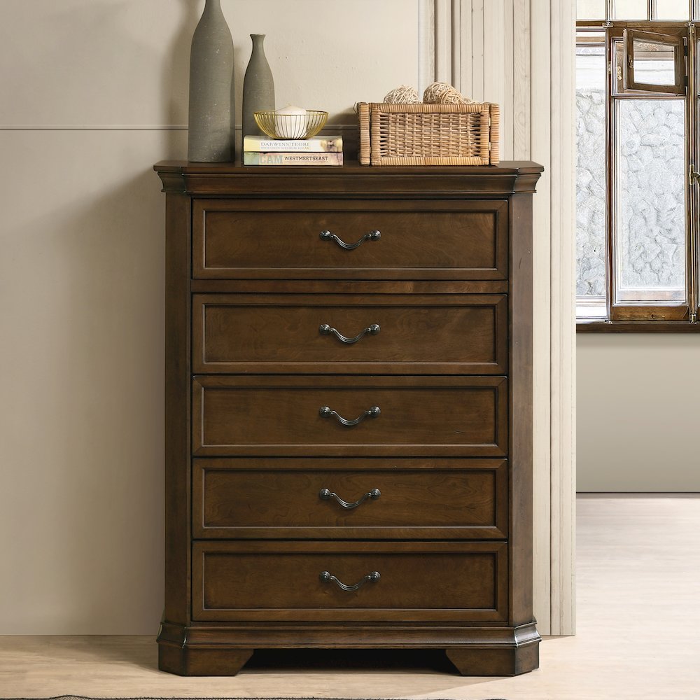 Wood Bed, Dresser, Mirror, 2 Nightstands, Chest, Queen, Antique Walnut Finish