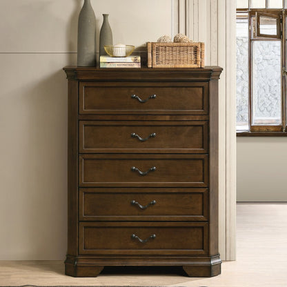 Wood Bed, Dresser, Mirror, 2 Nightstands, Chest, Queen, Antique Walnut Finish