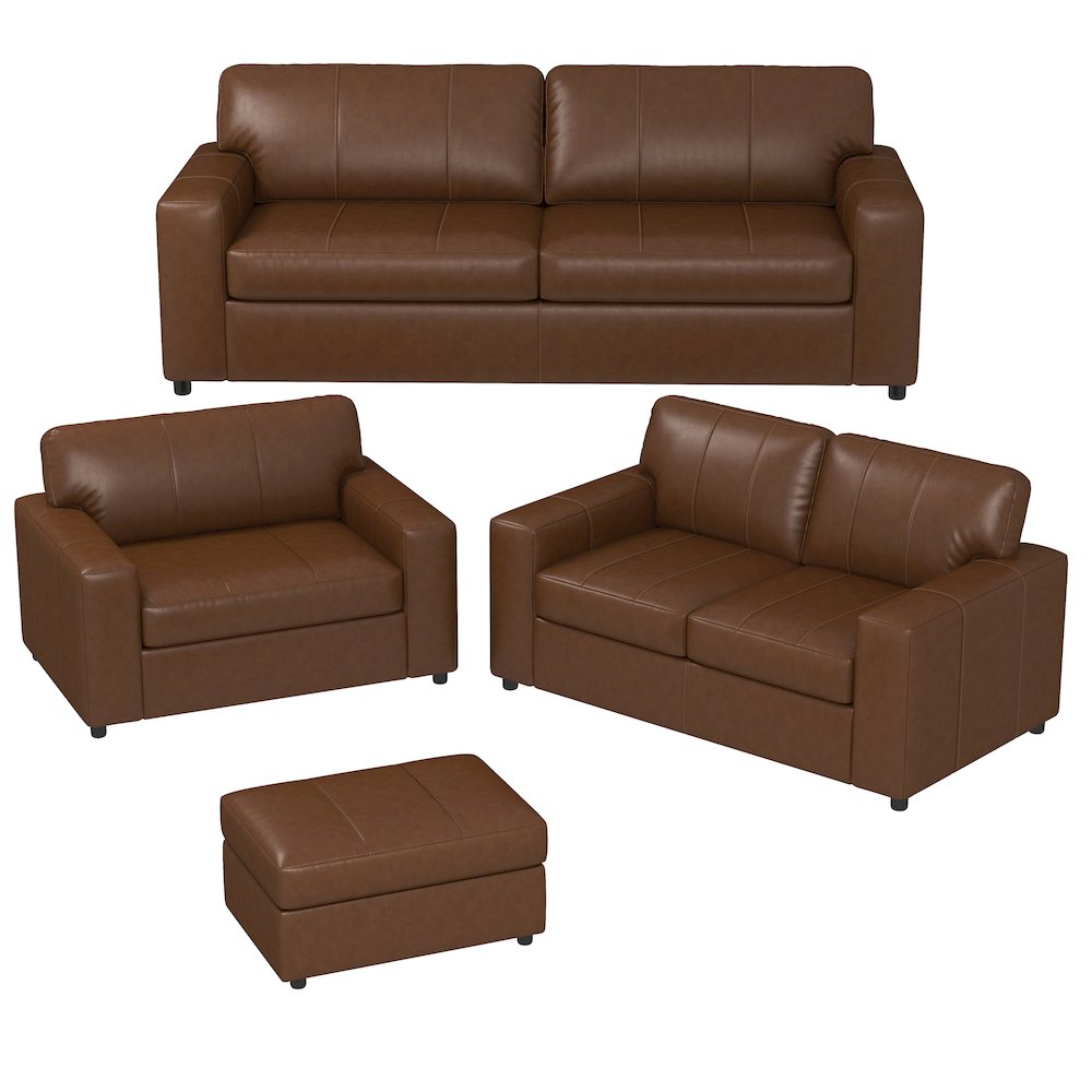 Sakan Leather 4-Pc Living Room Set, Sofa Loveseat, Chair and Ottoman, Caramel