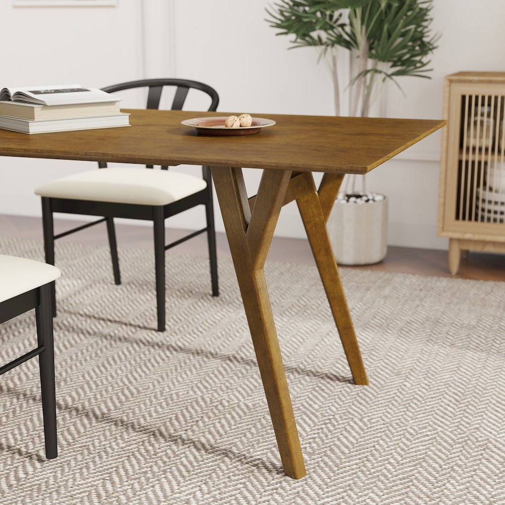 7-Piece Dining Set, Walnut Finished Dining Table with 6 Black Wishbone Chairs
