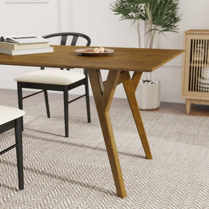 7-Piece Dining Set, Walnut Finished Dining Table with 6 Black Wishbone Chairs