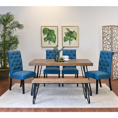 Ashford 6-Pc Dining Set, Hairpin Dining Table with 4 Chairs and Bench, Blue