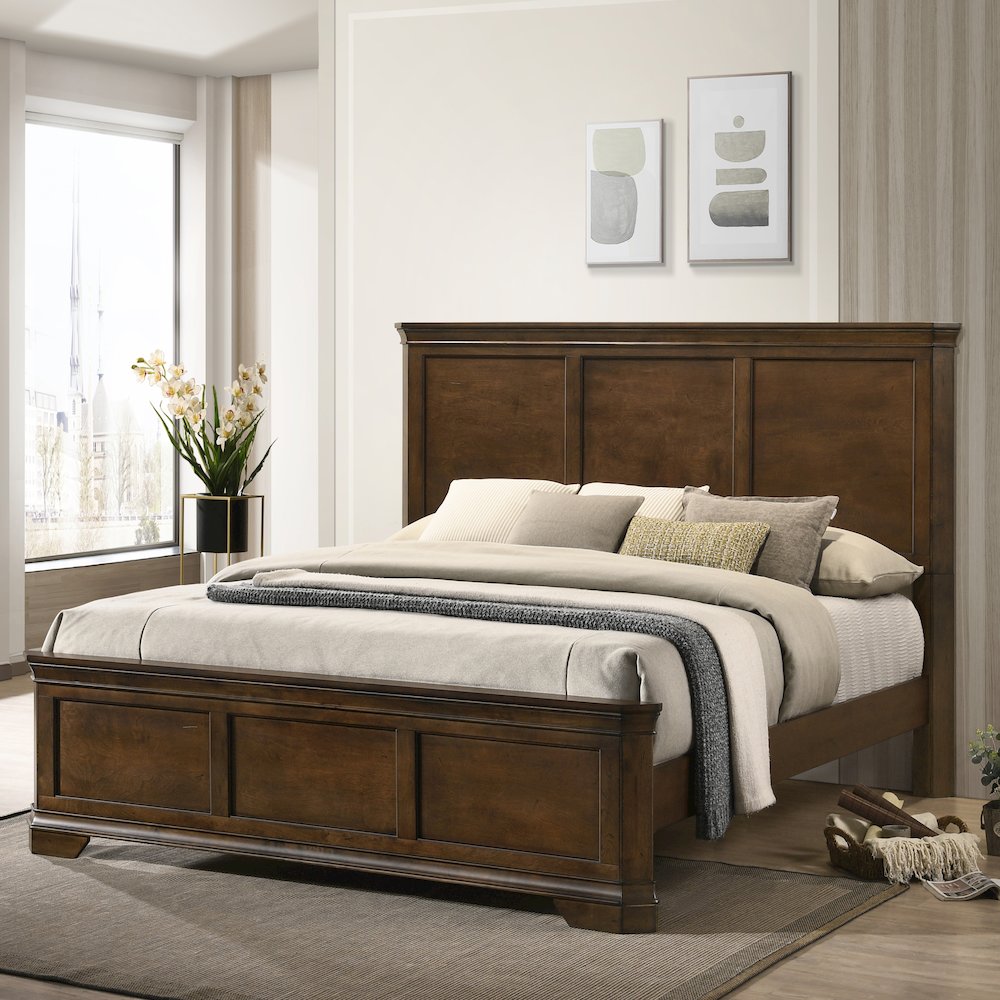 Wood Bed, Dresser, Mirror, 2 Nightstands, Chest, Queen, Antique Walnut Finish