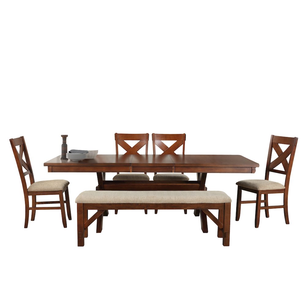 6-Piece Dining Set, Extendable Trestle Dining Table, 4 Chairs, Bench