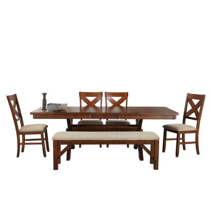 6-Piece Dining Set, Extendable Trestle Dining Table, 4 Chairs, Bench