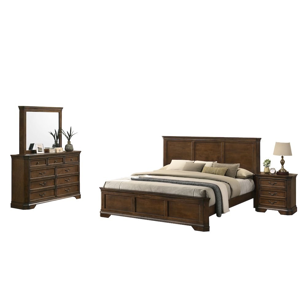 Wood Panel Bed, Dresser, Mirror, Nightstand, Queen, Antique Walnut Finish