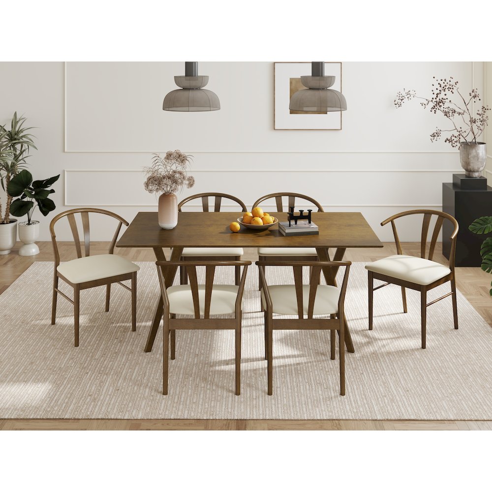 7-Piece Dining Set, Walnut Finished Dining Table with 6 Brown Wishbone Chairs