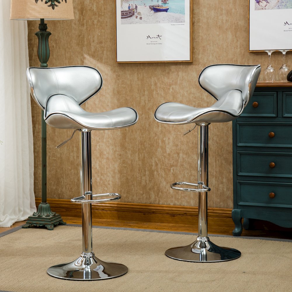 Masaccio Silver Leatherette Adjustable Swivel Barstool Chrome Base, Set of 2