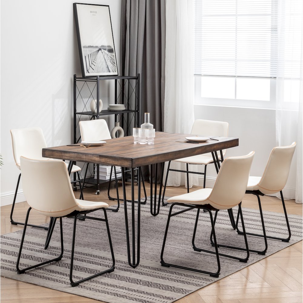 Aryven 7-Pc Dining Set with Rustic Dark Pine Table and 6 Chairs in Antique White