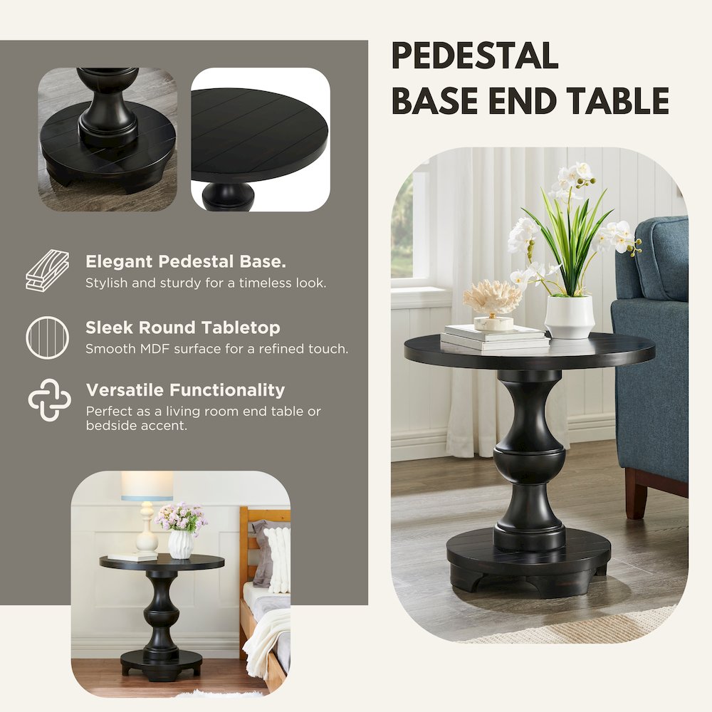 Caesar Traditional Round Pedestal End Table, Black