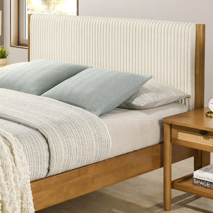 Vichy Queen Platform Bed with Corduroy Upholstery,Light Walnut Rubberwood Frame