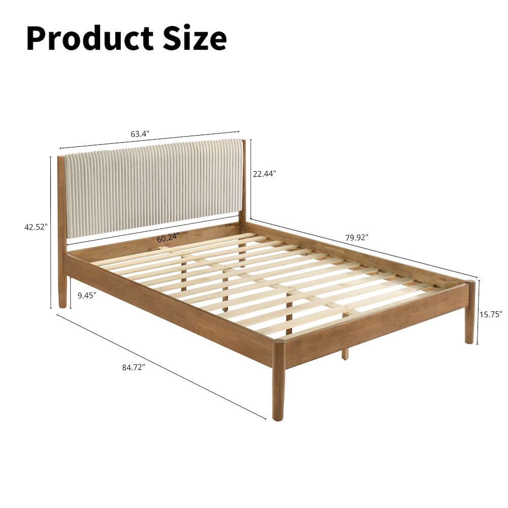 Vichy Queen Platform Bed with Corduroy Upholstery,Light Walnut Rubberwood Frame