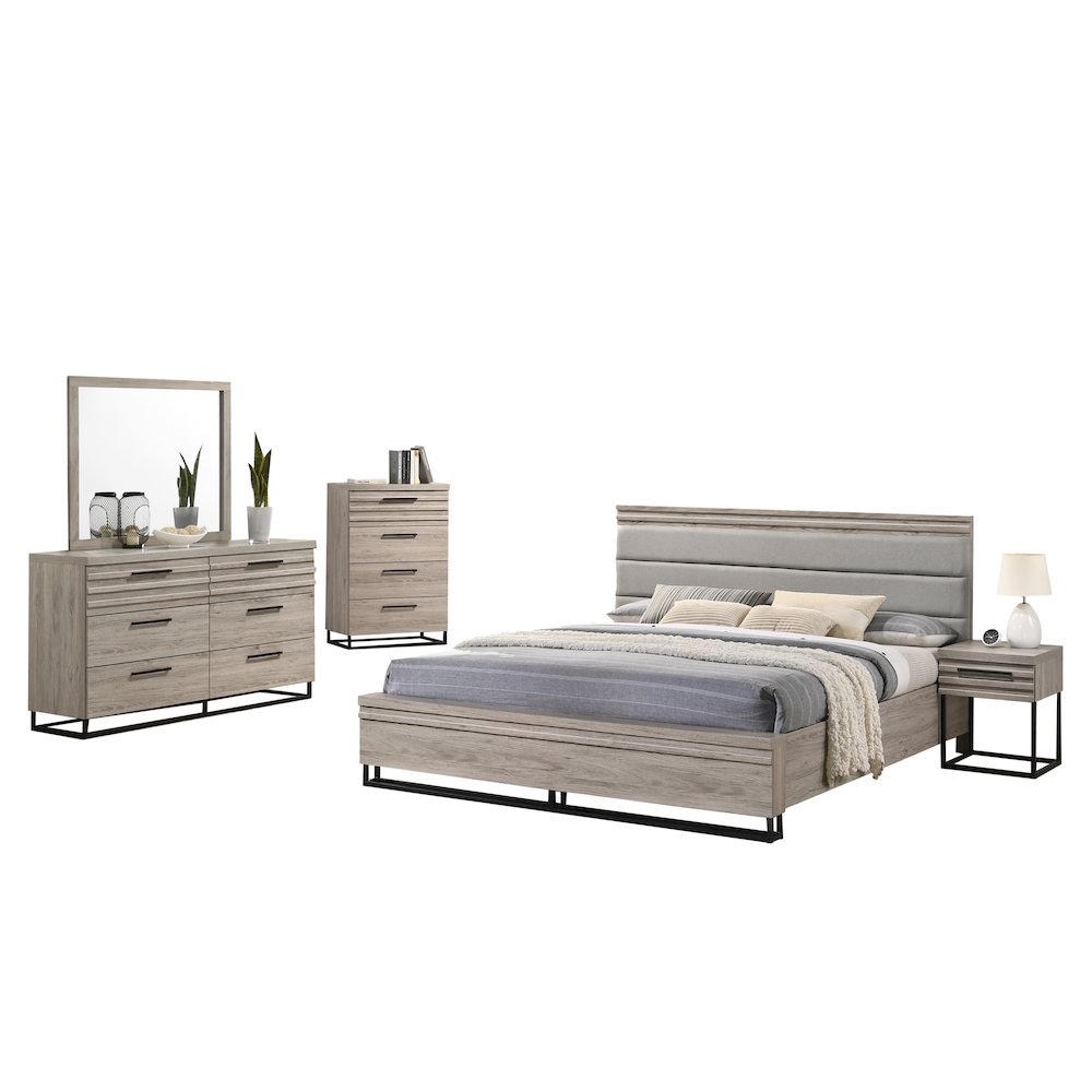 Panel Bed, Dresser, Mirror, Nightstand, and Chest, Weathered Gray, King