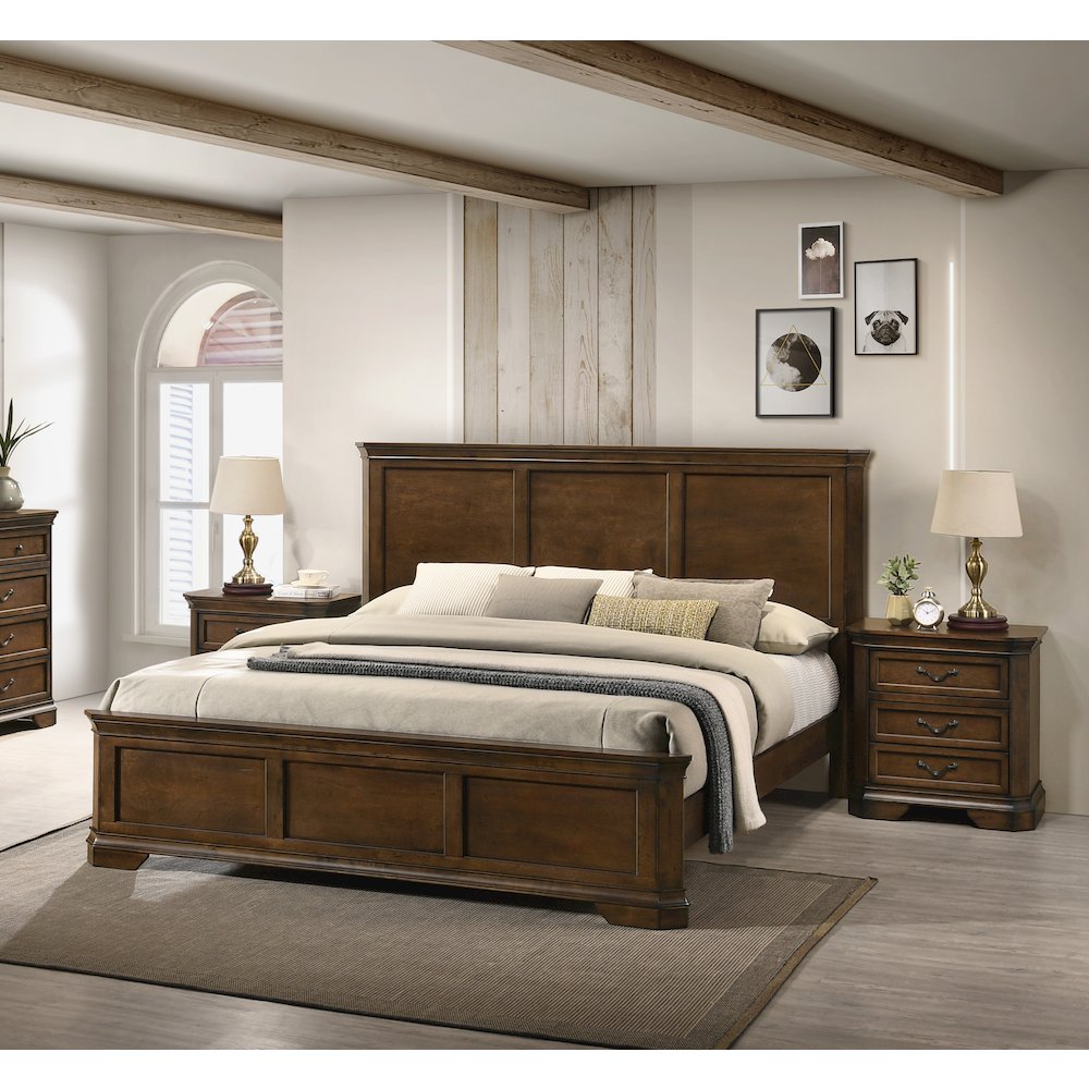 3-Piece Bedroom Set, King Panel Bed and 2 Nightstands, Antique Walnut Finish