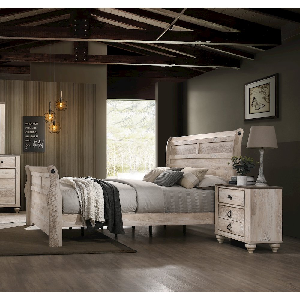White Wash Finish 3-Piece Bedroom Set-Sleigh Bed and Two Nightstands, King Size