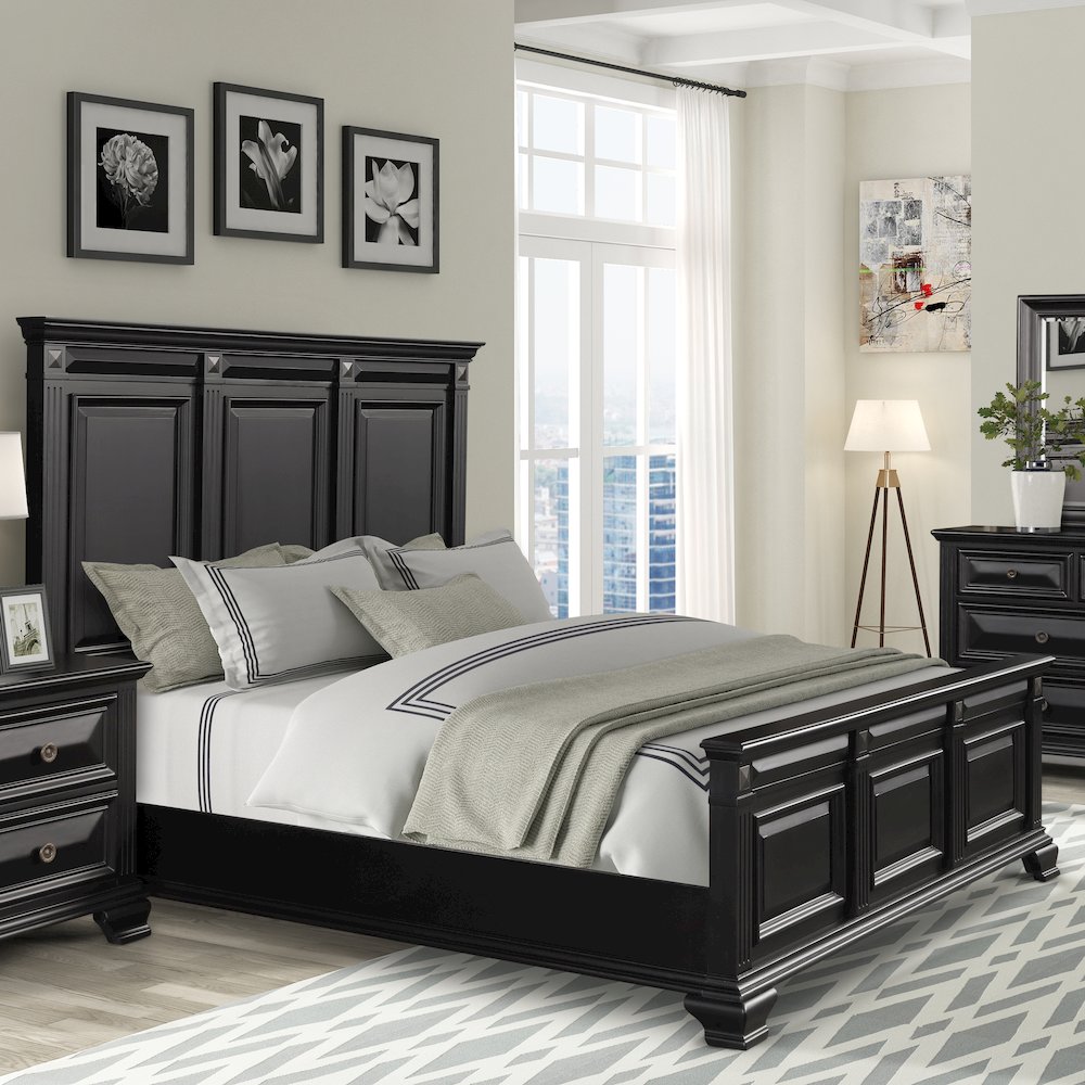 Vintage Black Wood Bedroom Set, King Bed, Dresser, Mirror, 2 Nightstands, Chest