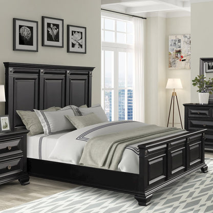 Vintage Black Wood Bedroom Set, King Bed, Dresser, Mirror, 2 Nightstands, Chest