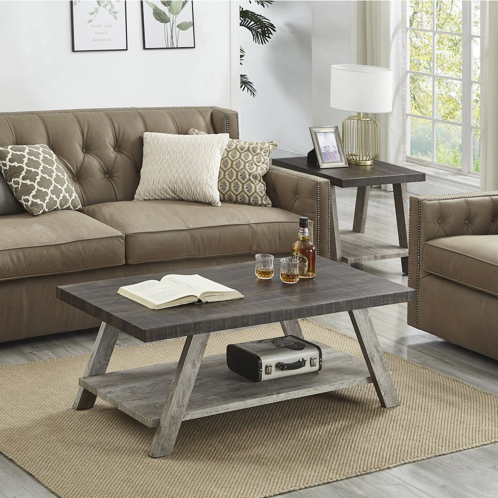 Athens Contemporary 3Pc Wood Shelf Coffee Table Set in Weathered Walnut and Gray
