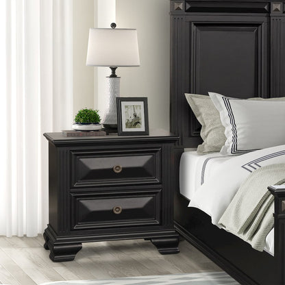 Vintage Black Wood Bedroom Set, Queen Panel Bed, Dresser, Mirror, Nightstand