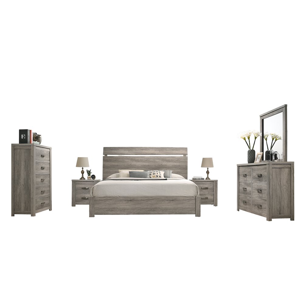 Weathered Gray Wood Bedroom Set, King Bed, Dresser, Mirror, 2 Nightstands, Chest