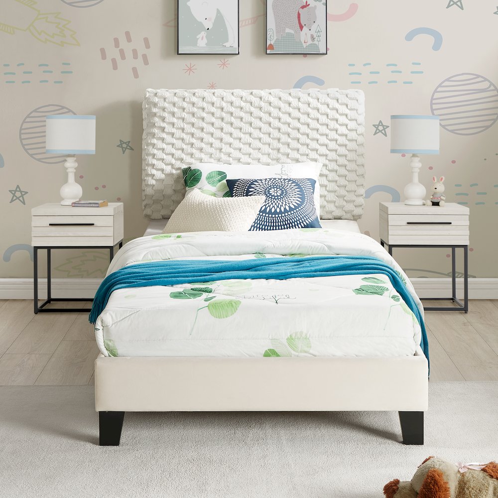 Findlay 3Pc Bedroom Set, Plush 3D Upholstered Bed with 2 Nightstands, Twin