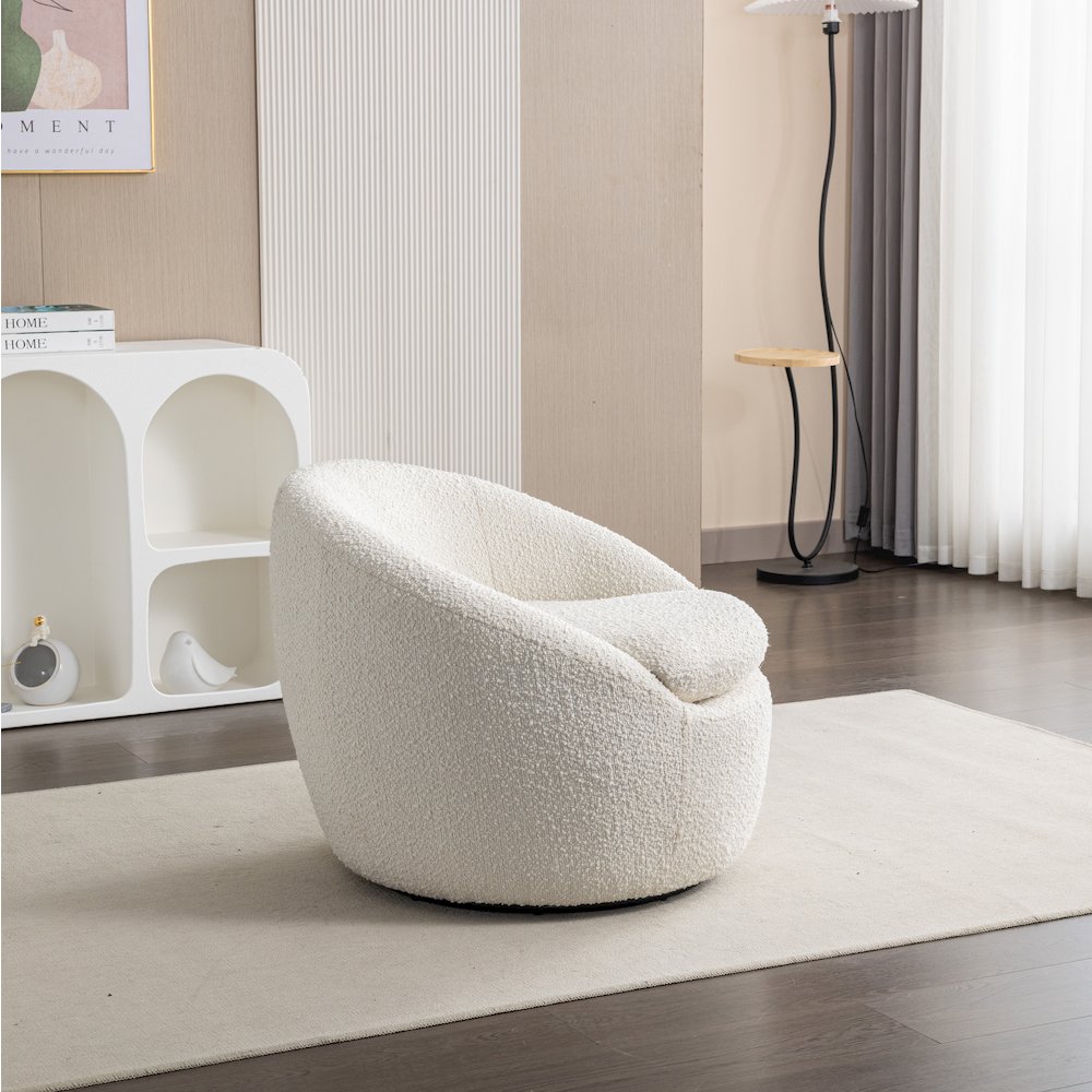 Winnie Modern Teddy Boucle Fabric Barrel Chair, 360 Degree Swivel, White