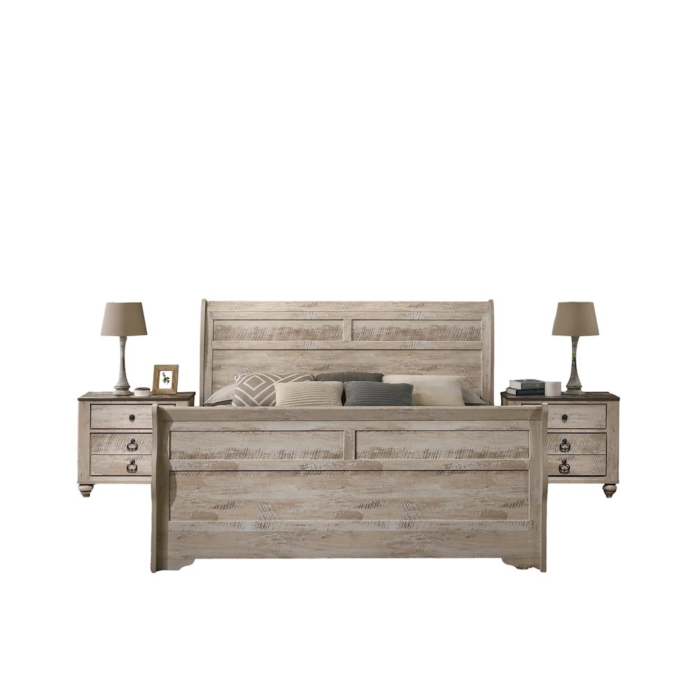 White Wash Finish 3-Piece Bedroom Set-Sleigh Bed and Two Nightstands, King Size