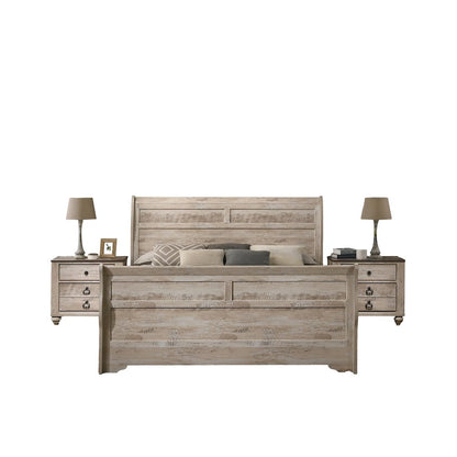 White Wash Finish 3-Piece Bedroom Set-Sleigh Bed and Two Nightstands, King Size