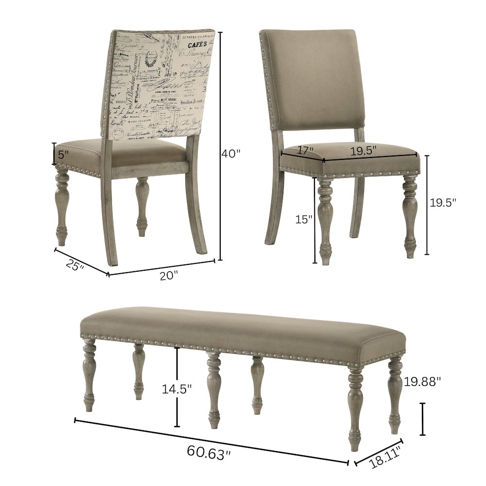 8-Piece Extendable Table with Nailhead Bench and Armchairs Dining Set, Driftwood