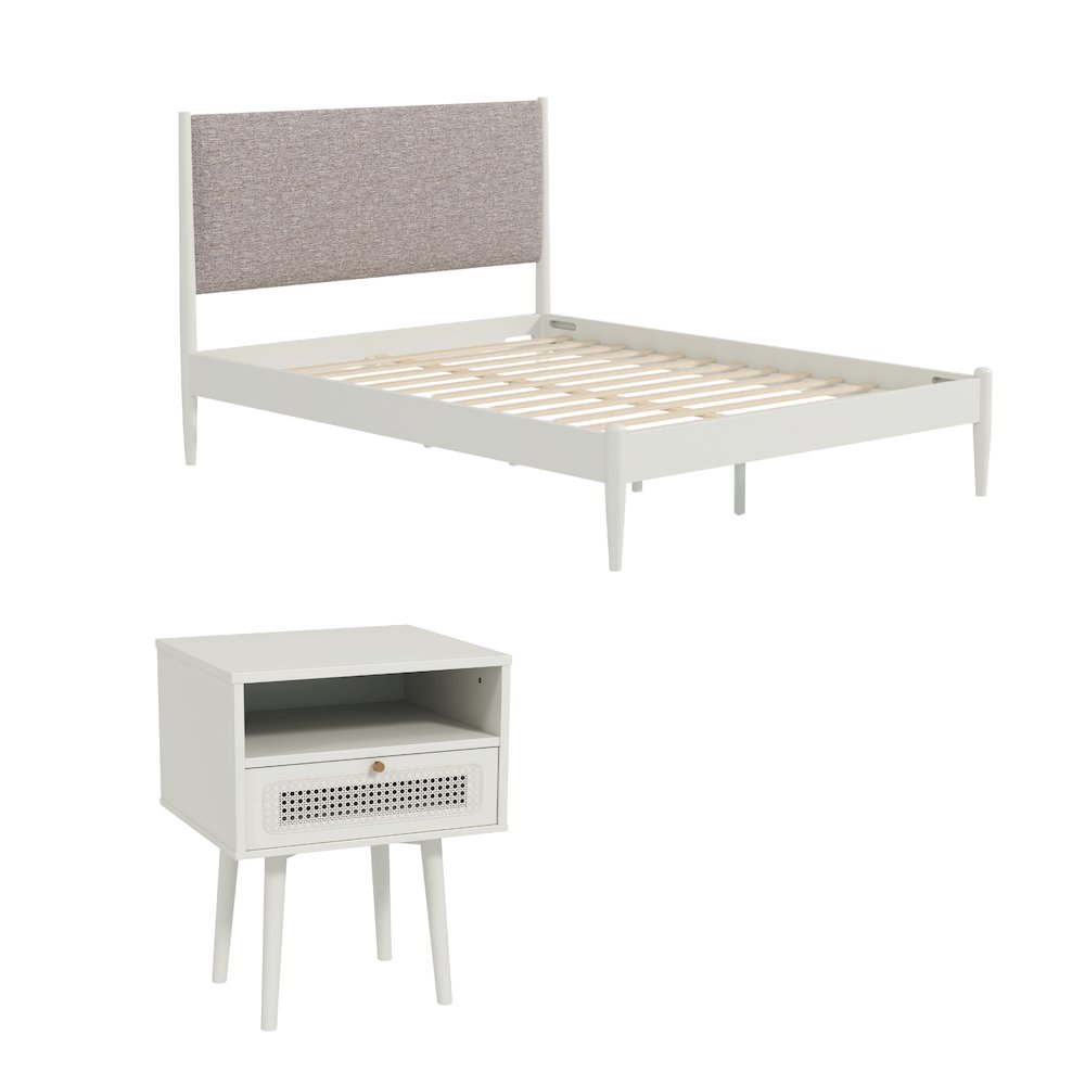 Feeney 2-Piece Bedroom Set, Platform Bed with Nightstand, Cream White, Queen