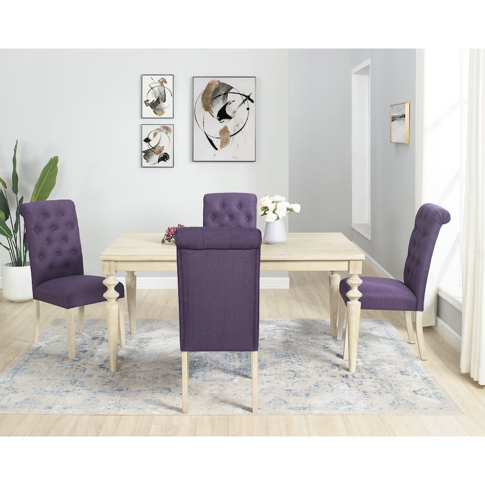 Amonia 5-Pc Dining Set, Turned-Leg Dining Table with 4 Tufted Chairs, Purple