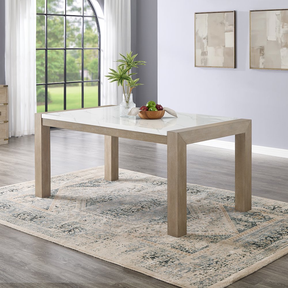 Zelalle 5-PC Dining Set, Faux Marble Table, 4 Chairs, White Wired-Brushed Finish