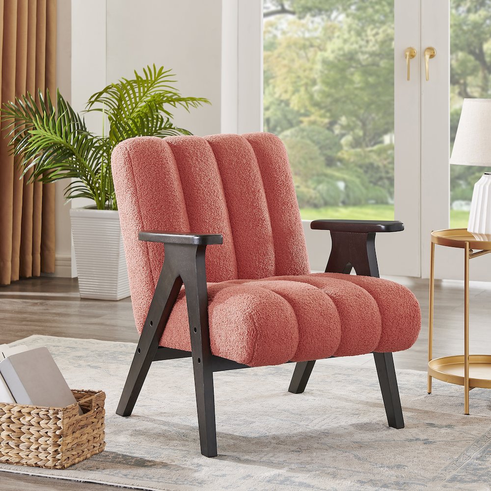 Rella Modern Teddy Sherpa Accent Chair with Espresso Wood Frame, Coral