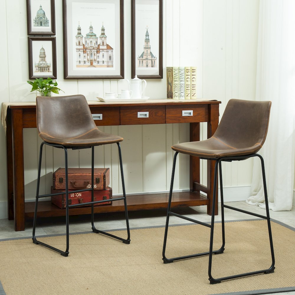 Lotusville Vintage PU Leather Barstools, Antique Brown, Set of 2