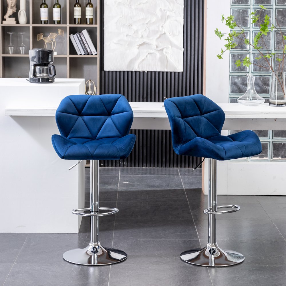 Breni Velvet Diamond Tufted Swivel Adjustable Height Barstool, Set of 2, Blue