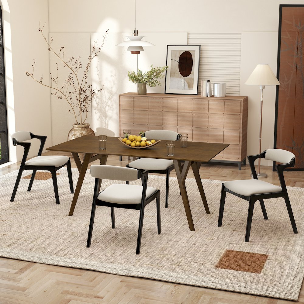Modern 5-Piece Dining Set, Walnut Finished Dining Table with 4 Black Chairs