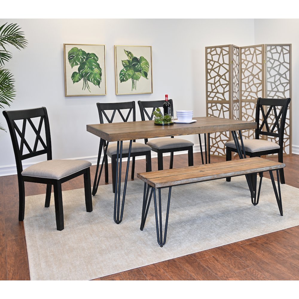 Arroyo 6-Pc Dining Set, Hairpin Dining Table with 4 Chairs and Bench, Rich Black
