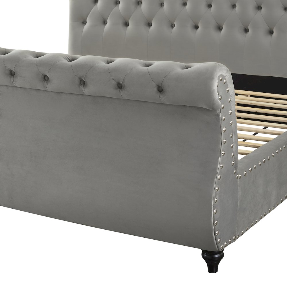 Evora Gray Velvet Upholstered Button Tufted Sleigh Bed, King