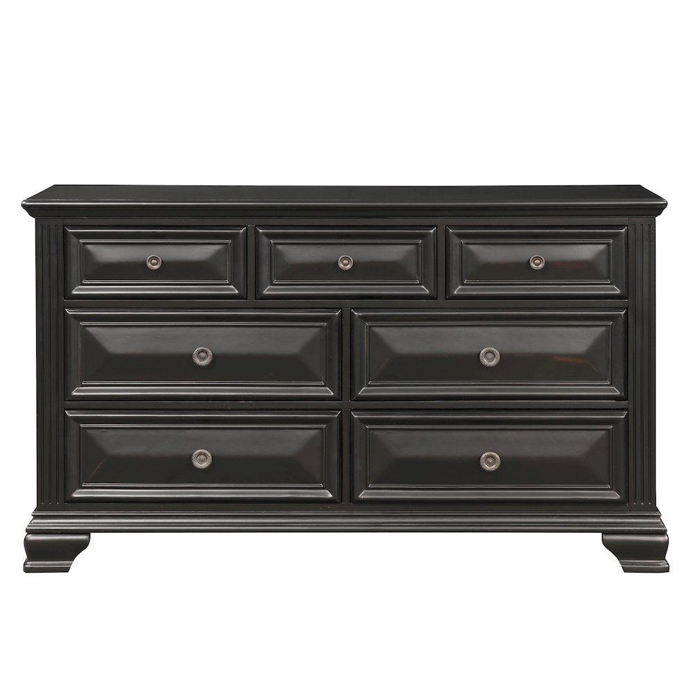 Vintage Black Wood Bedroom Set, King Panel Bed, Dresser, Mirror, Nightstand