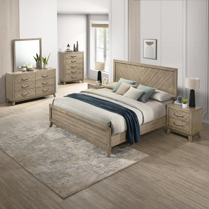 Bedroom Set: Queen Bed, Dresser, Mirror, 2 Nightstands, Chest in Weathered Sand