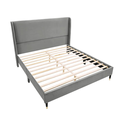 Rozitta Gray Velvet Wingback Platform Bed, Queen