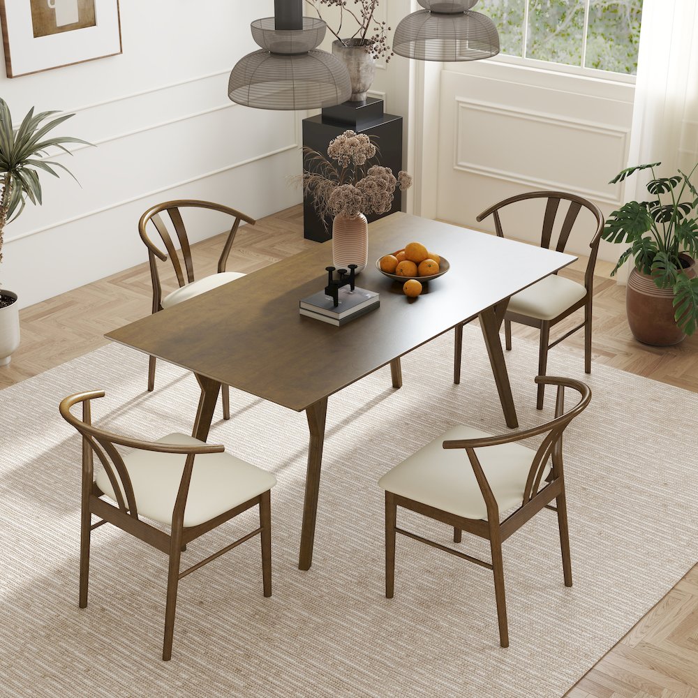 5-Piece Dining Set, Walnut Finished Dining Table with 4 Brown Wishbone Chairs
