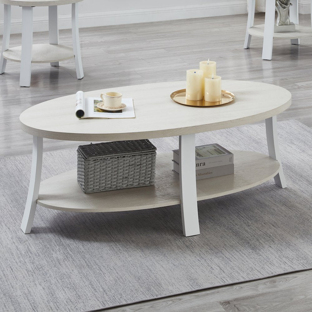 Anze Contemporary Oval Wood Shelf Coffee Table in White Finish