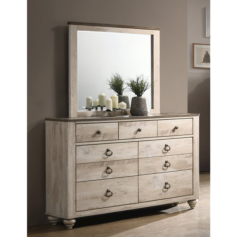 White Wash Finish 5-Piece Bedroom Set-King Bed, Dresser, Mirror, 2 Nightstands