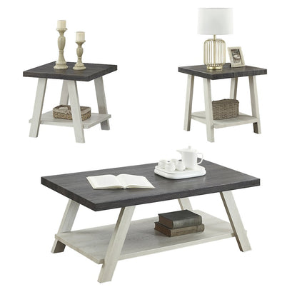 Athens Contemporary 3Pc Wood Shelf Coffee Table Set in Weathered Charcoal/Beige