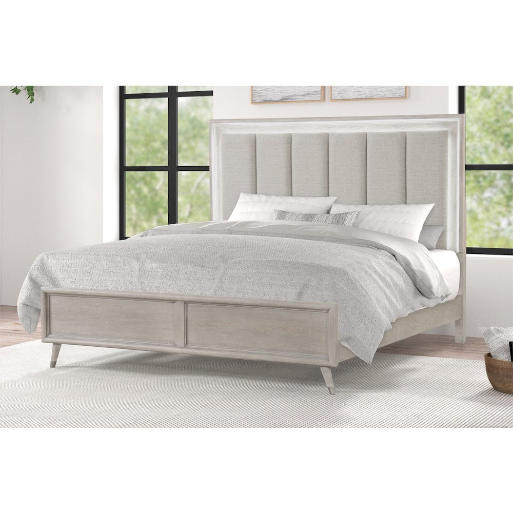 Seluna LED Lighting Panel Bed, Upholstered Headboard, Gray Oak Finish, King