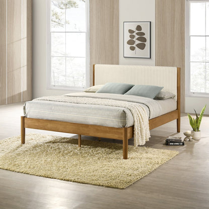 Vichy Queen Platform Bed with Corduroy Upholstery,Light Walnut Rubberwood Frame